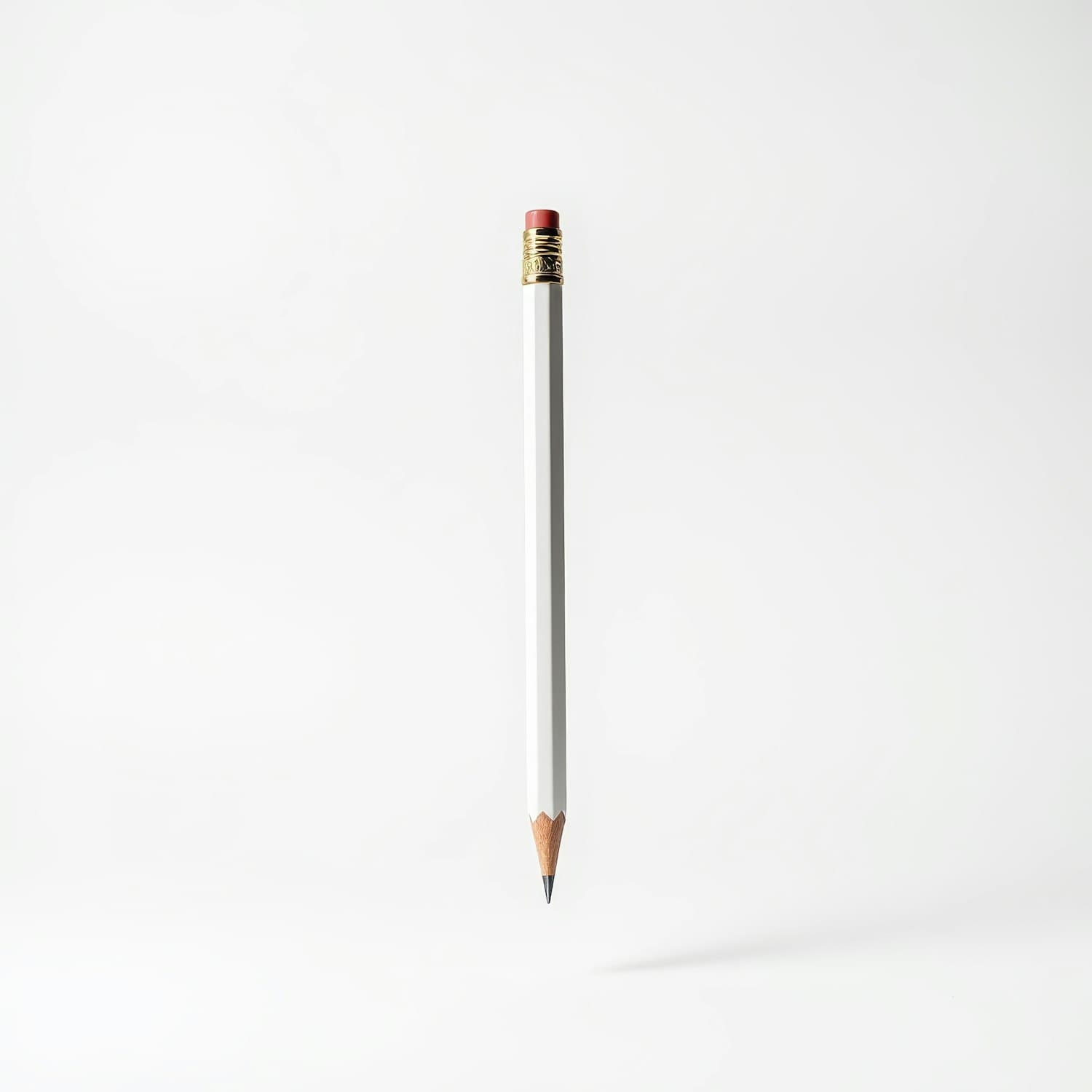 A single white graphite pencil with a red eraser against a white wall