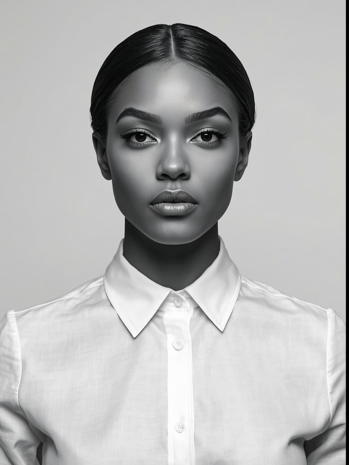 Black and white portrait of Clara Voss wearing a white collared shirt