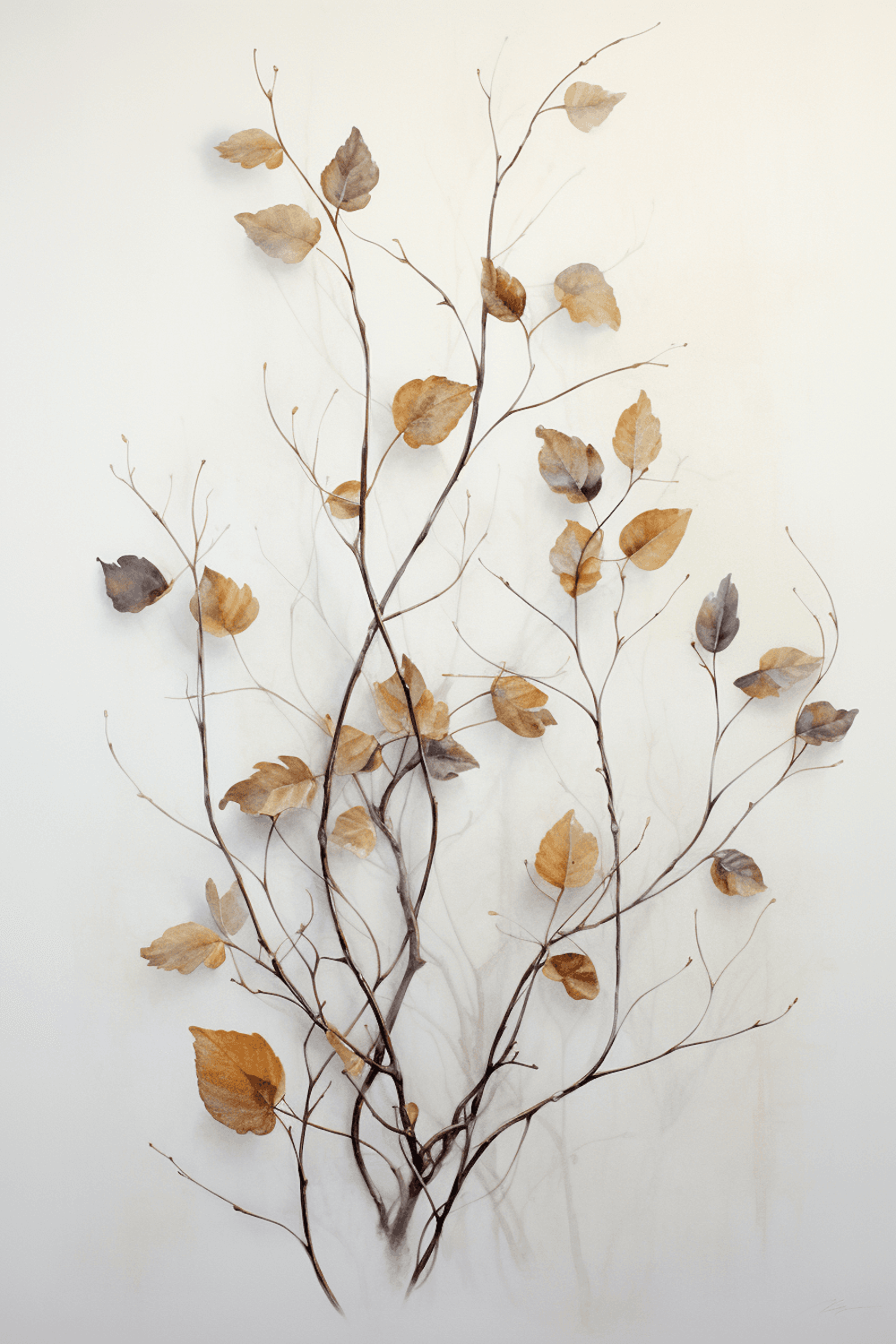 Pencil and watercolour drawing of slender branches carrying dry ochre and grey leaves