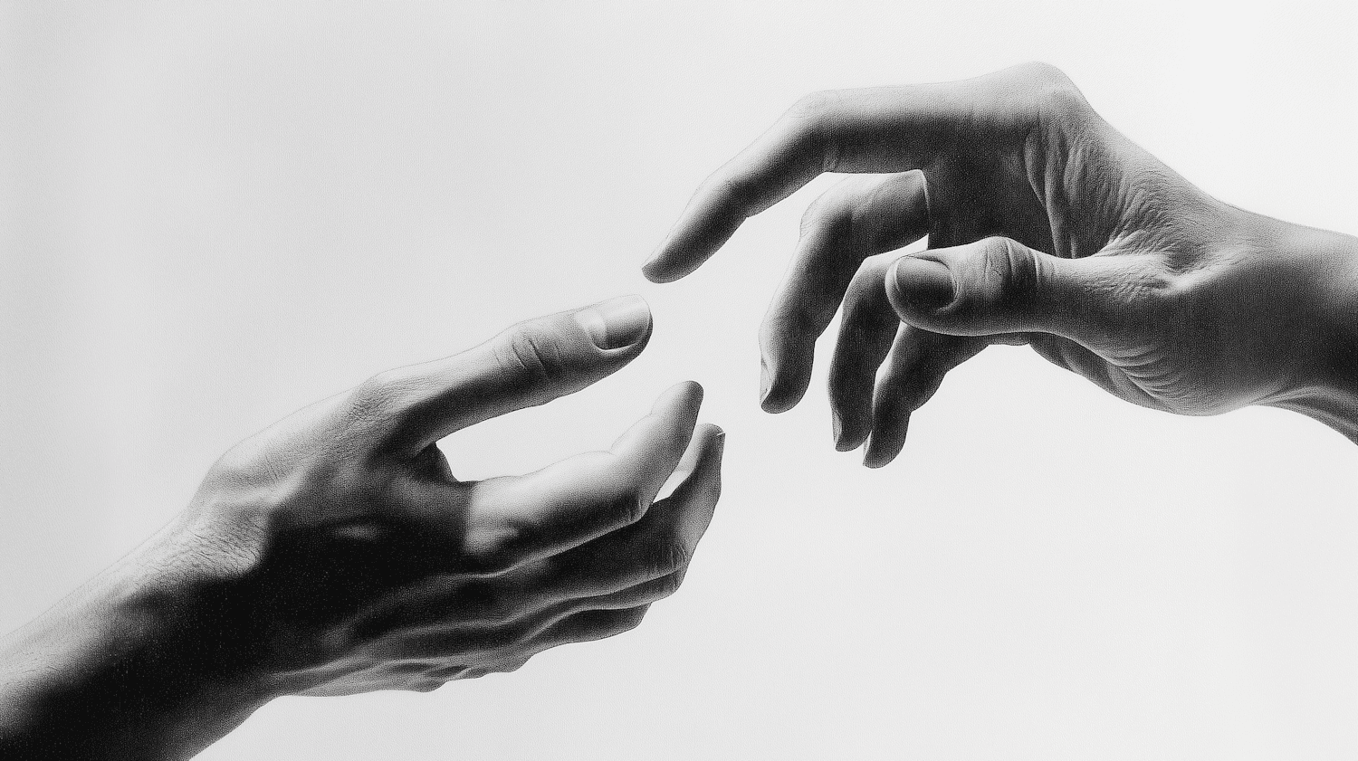 Graphite drawing of two hands reaching toward each other across a pale sheet